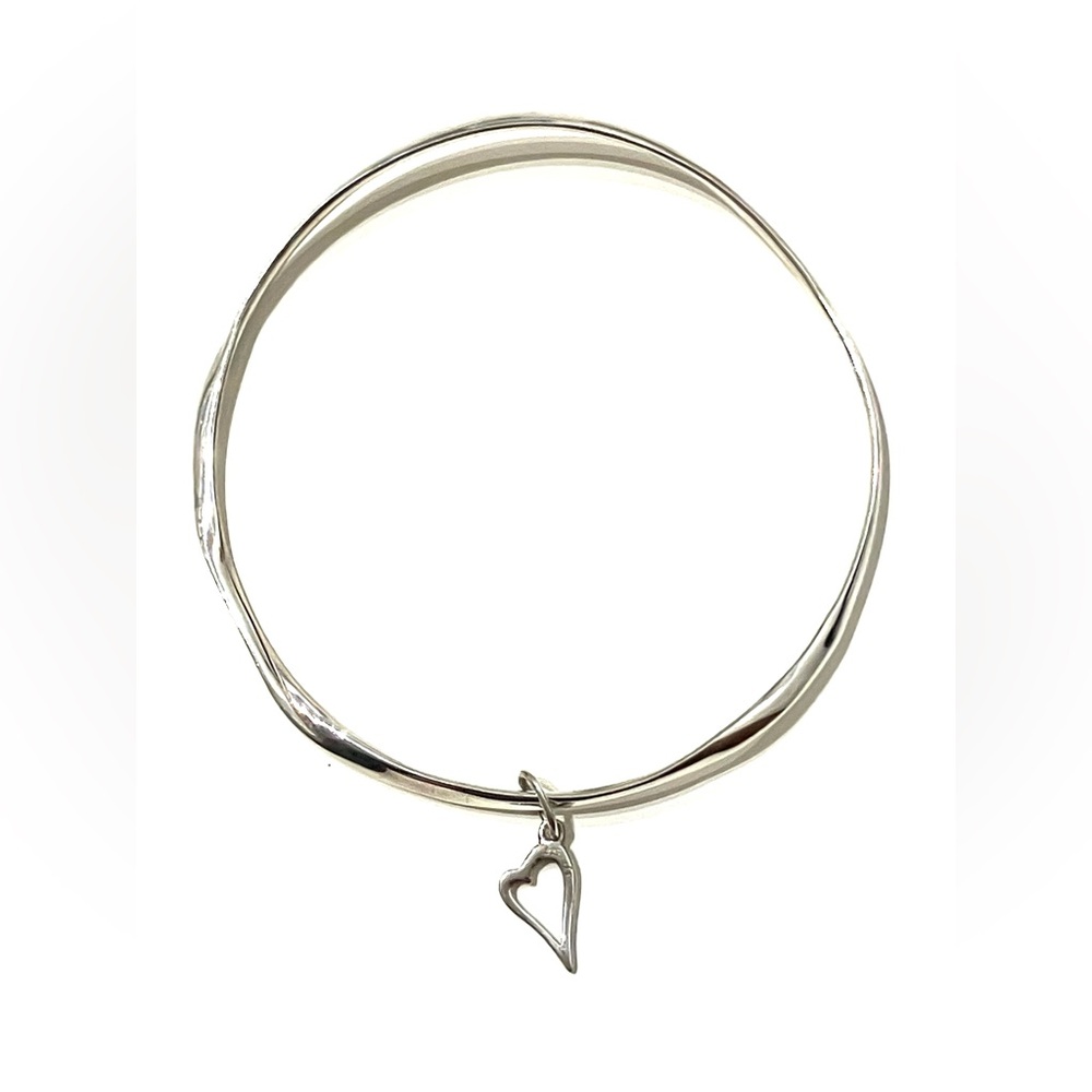 Sterling Silver 925 Heart Charm Twist Organic Bangle Bracelet